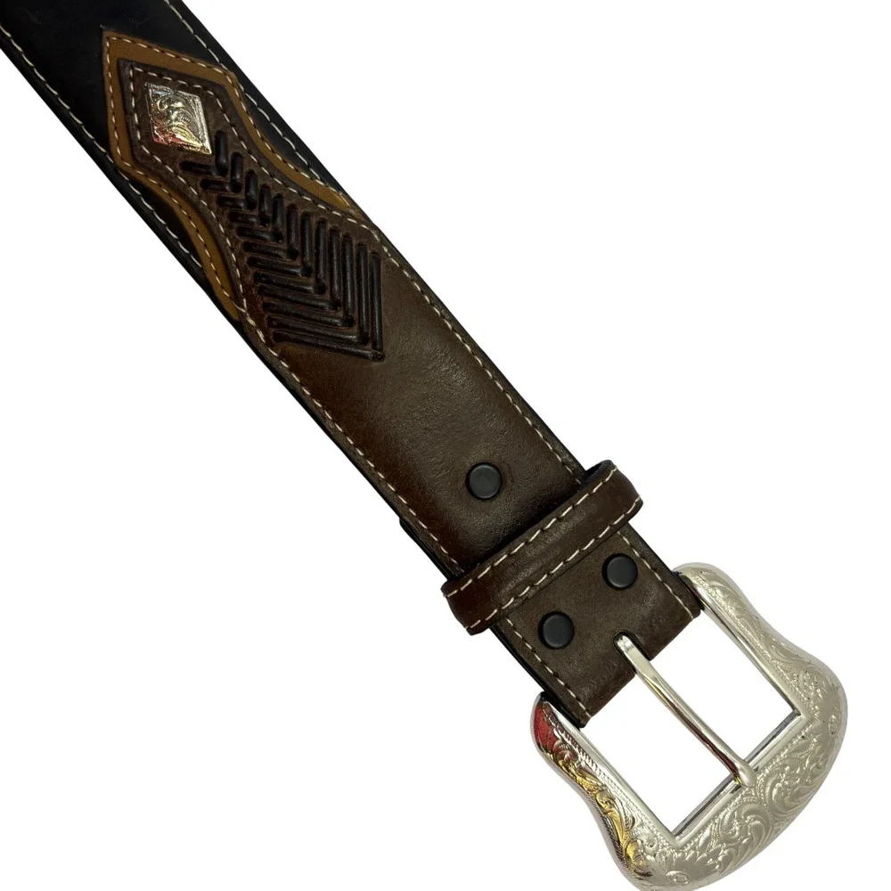 Mens Two Tone Leather Western Belt Black Brown Silver Engraved Buckle Concho